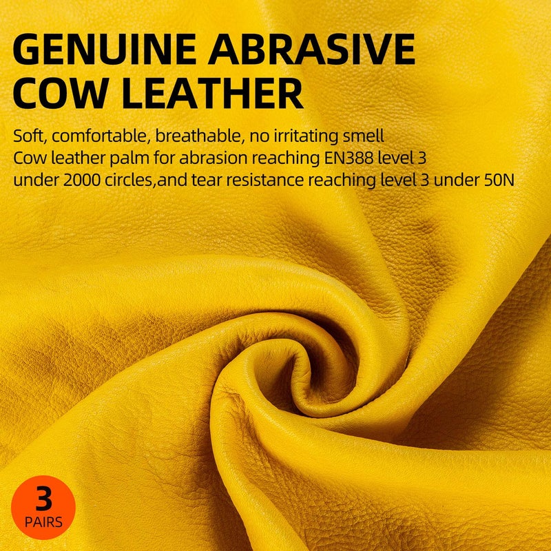 Vgo... 3-Pairs Unlined Cow Grain Leather Work and Driver Gloves with Cow Split Leather Palm Patch (Size XL, Gold,CA9590) - Image 2